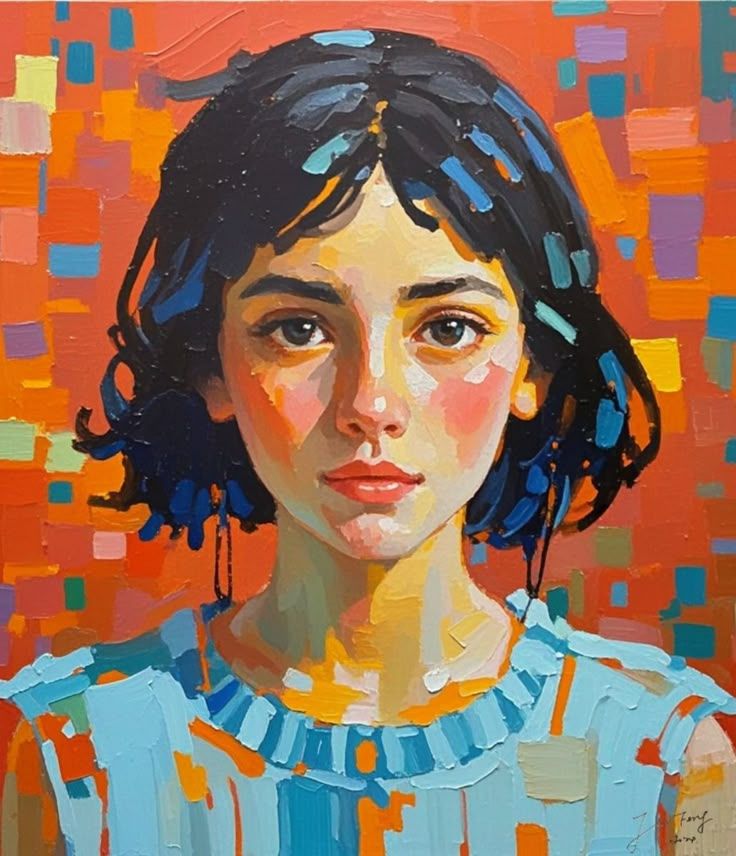 Colorful contemporary portrait artwork featuring a young woman with expressive brushstrokes and vibrant tones, showcasing the creativity and craftsmanship of Portrait Paintings in Lahore.