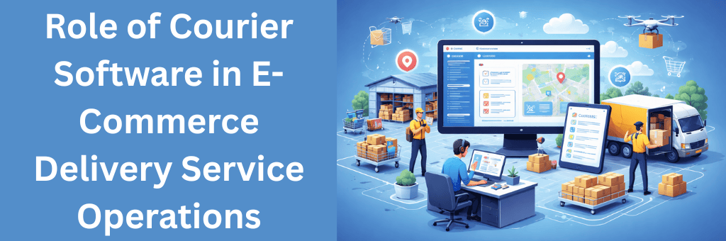 Visual representation of courier software managing e-commerce delivery operations with order dashboards, warehouse fulfillment, route tracking, and last-mile delivery coordination.