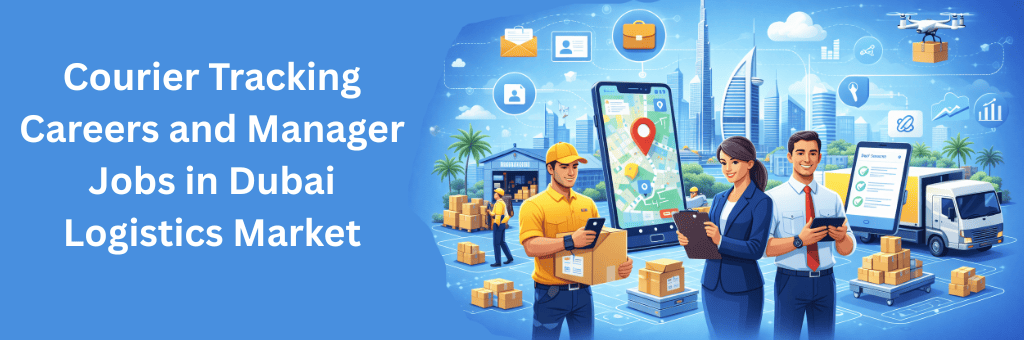 Illustration highlighting courier tracking careers and logistics manager jobs in Dubai, featuring professionals using tracking tools alongside warehouses, delivery vehicles, and smart logistics technology.