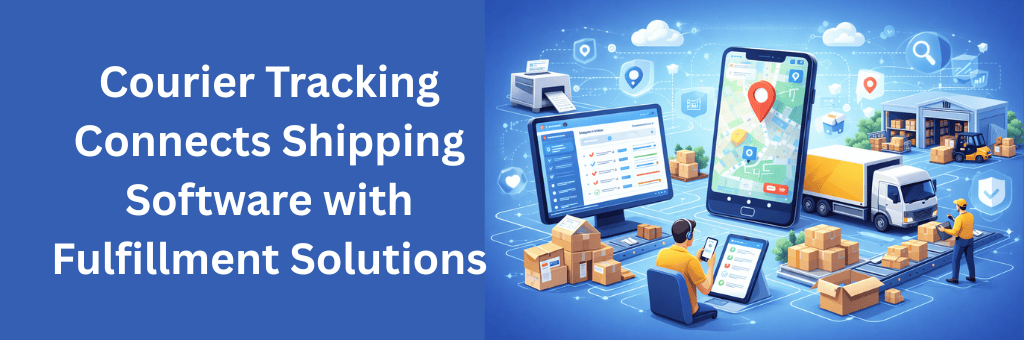 Digital illustration showing courier tracking connecting shipping software with fulfillment solutions, including inventory handling, route optimization, and synchronized delivery workflows.