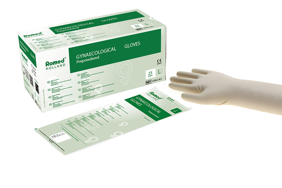 Romed gynaecological gloves designed for safe and hygienic medical examinations in healthcare facilities.