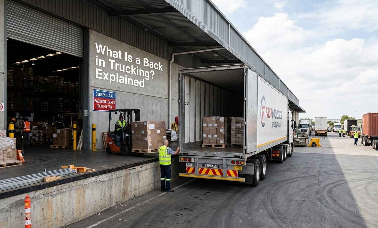 A forklift loads cargo into a truck, answering what is a back load in trucking through real-life freight logistics.
