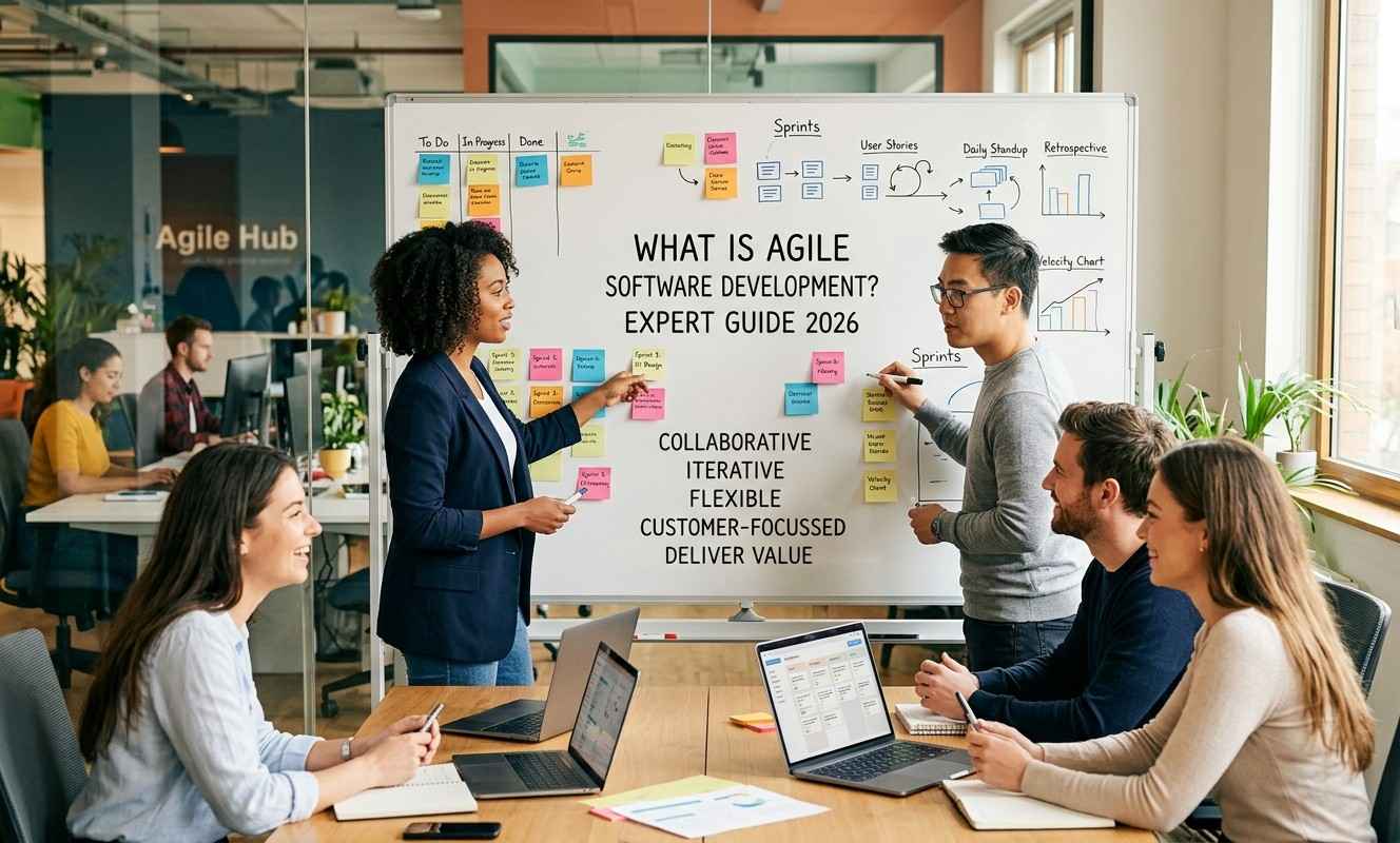 An Agile software development team collaborating in an open-plan office.