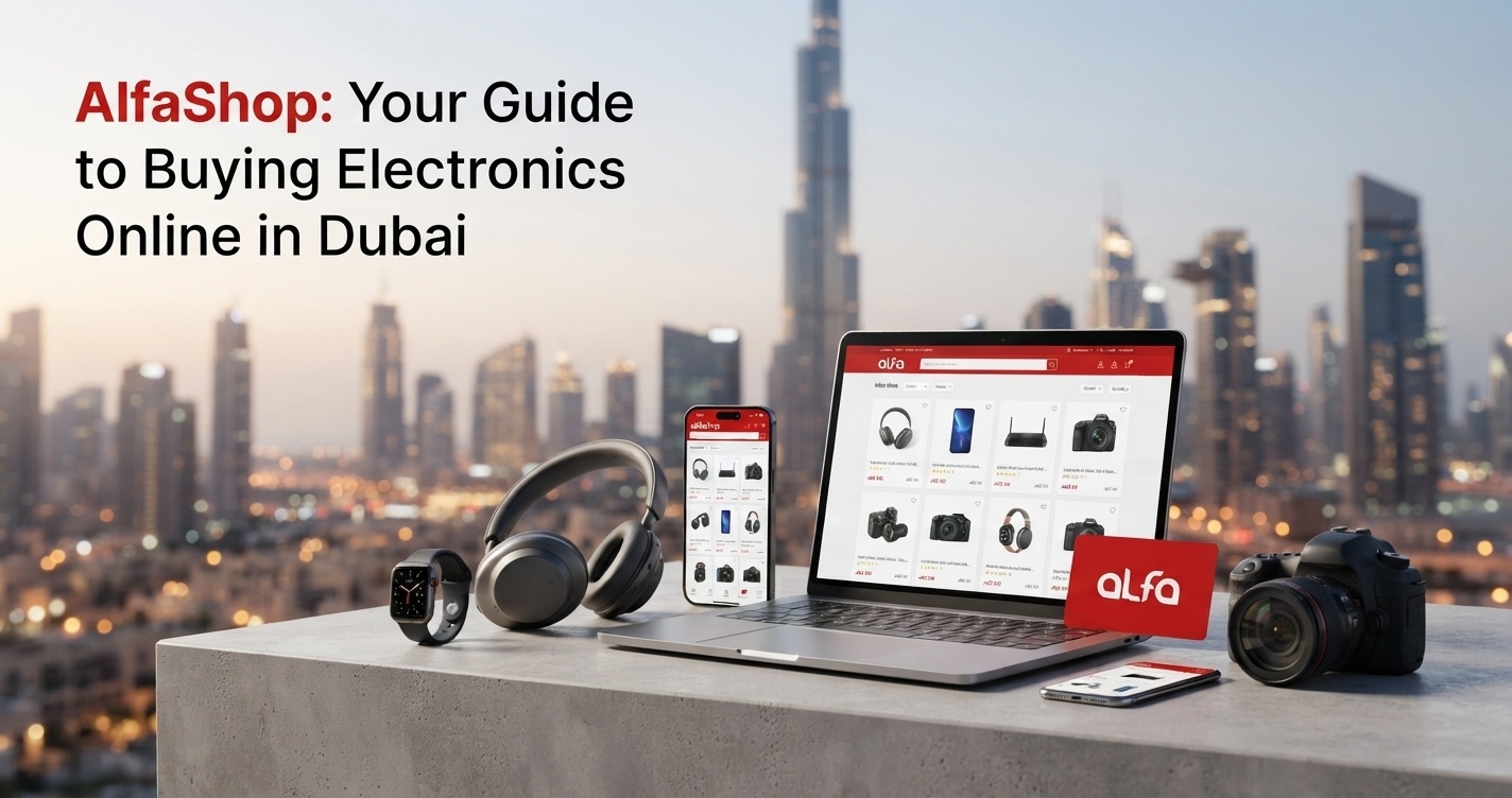 AlfaShop online electronics store displayed on a laptop and smartphone, surrounded by a smartwatch, wireless headphones, and a DSLR camera, with the Dubai skyline in the background.