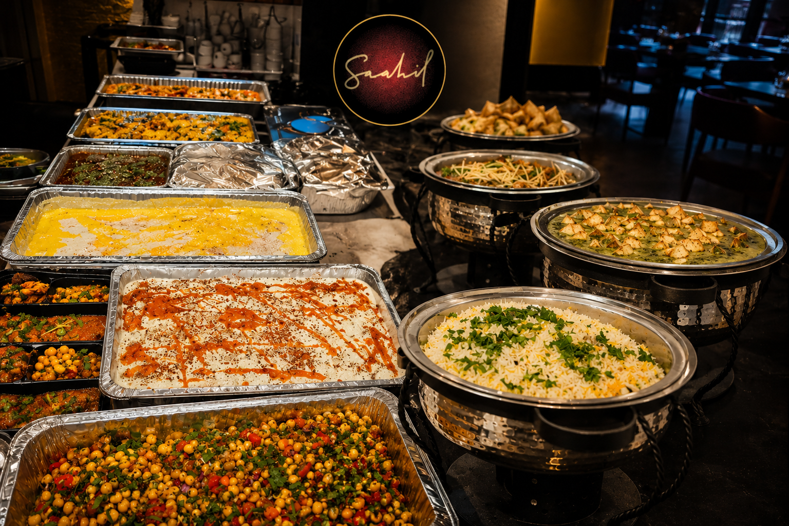 Halal Pakistani catering spread with biryani and karahi dishes from Saahil Restaurant in Sterling, VA